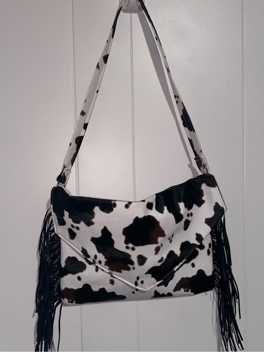 Cowhide-Print Fringe Shoulder Bag in White & Black